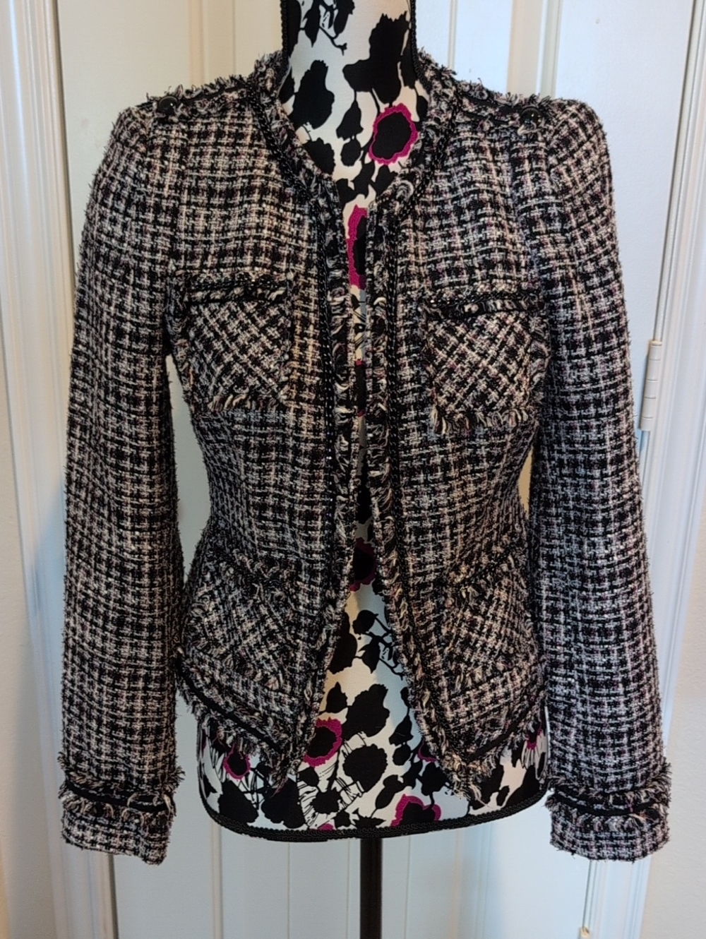 White House Black Market Black and White Bouclé Tweed Blazer